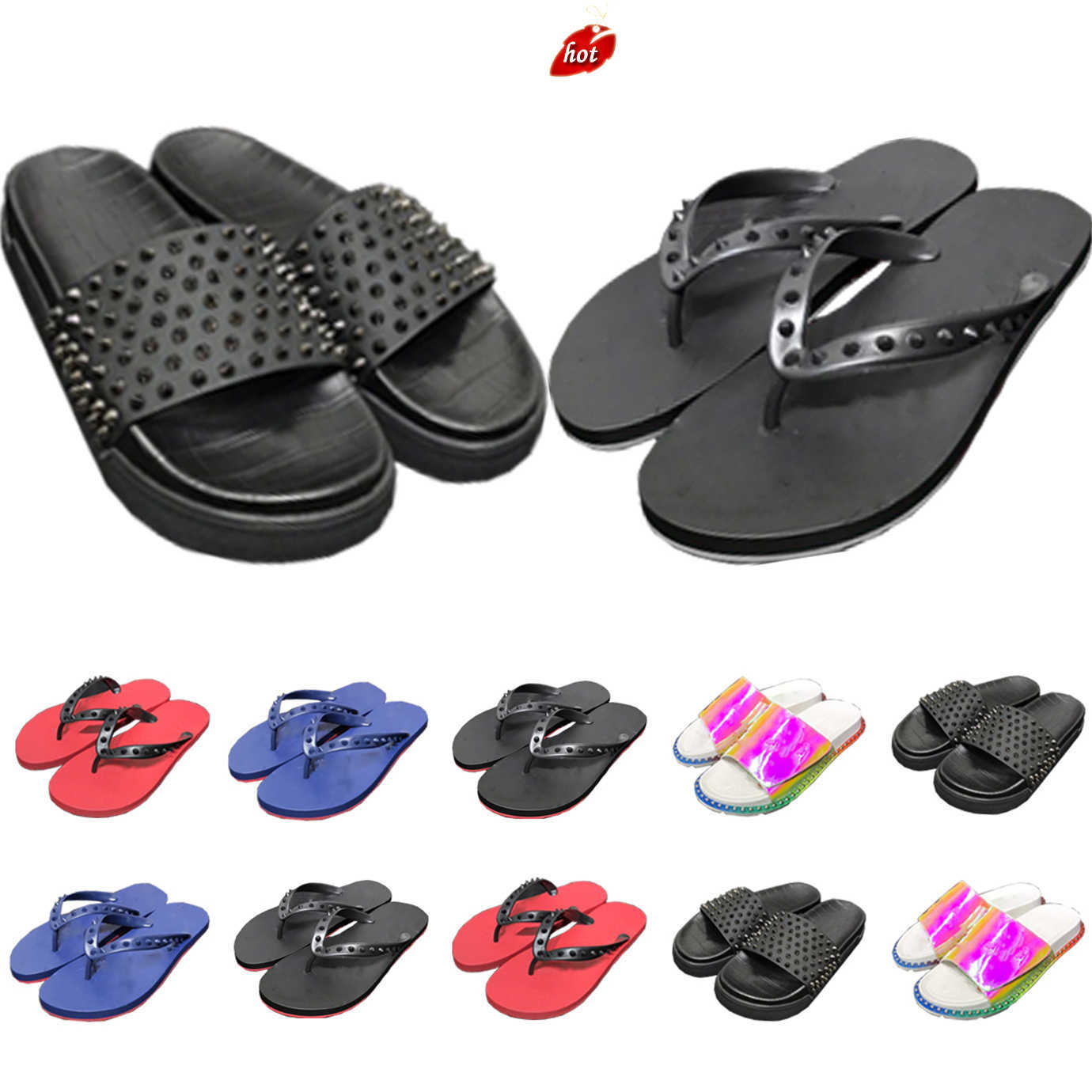 

Christians Red-Bottomes Designer Slippers Men Rivets Shoes Flat Slides Scuffs Slipper Mens Luxury Leather Flip Flops Pool Fun Paris Summer Beach Sandals, #0706