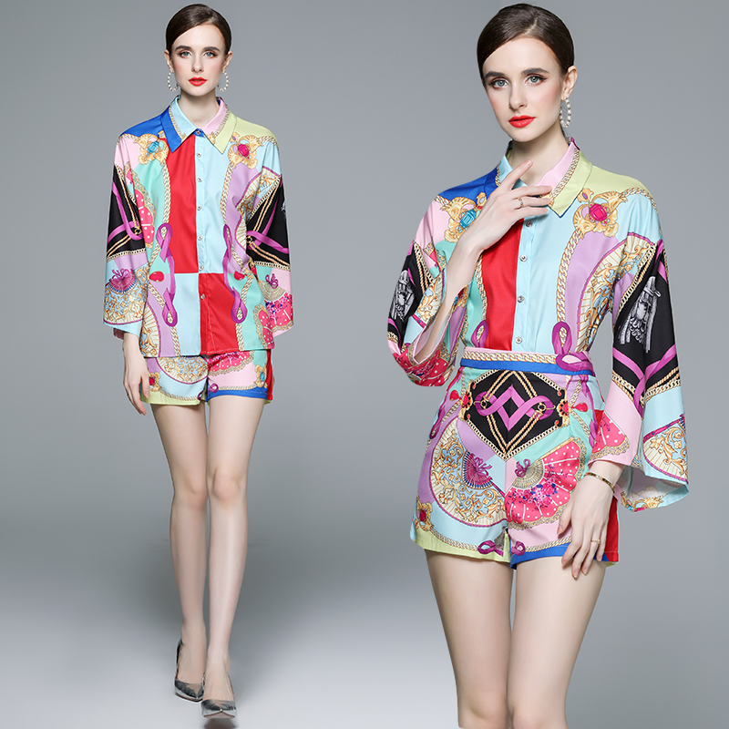 

Short Pants Women Outfits Summer Two Piece Sets Print Flare Sleeve Blouse and Shorts Woman Designer Casual Outfit 2023 Long Sleeve Graceful Chic 2 Piece Vacation Set