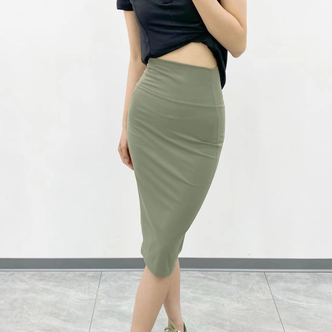 

lu yoga bag hip skirt nude feeling double-sided brushed nude feeling comfortable soft high elastic fabric casual fashion designer long skirt, Black