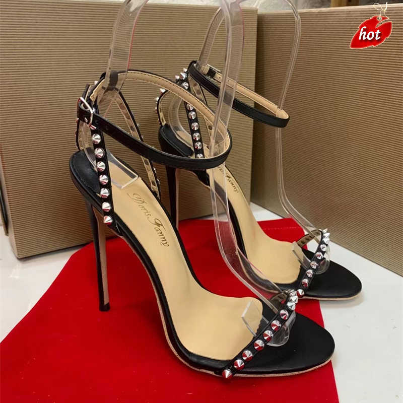

Christians Red-Bottomes Casual Designer sexy lady fashion women sandals black leather spikes strappy peep toe slingback high heels stiletto stripper shoes 12cm 10c, Nude 12cm