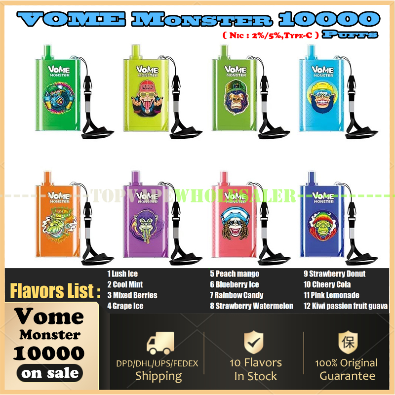 

Original Vome Monster 10000 Puffs Disposable E Cigarette 2%/5% Vape Pen With Rechargeable 850mash Battery Airflow Control Mesh Coil 20ml Prefilled Pod 10K Big Vapor Kit