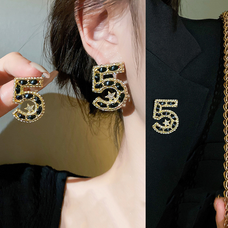 Silver Star Earring Brooch Number 5 Leather Winding Rhinestone Stud Earrings Female Women Luxury Vintage Fashion Wholesale-image-856918738