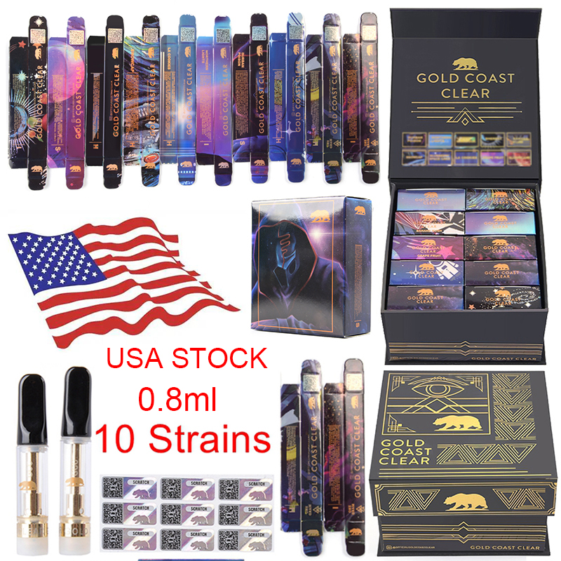 

GCC Carts USA Warehouse 0.8ml 1.0ml Ceramic Coil Atomizers Gold Coast Clear Vape Cartridges Packaging Thick Oil Vaporizers 510 Thread