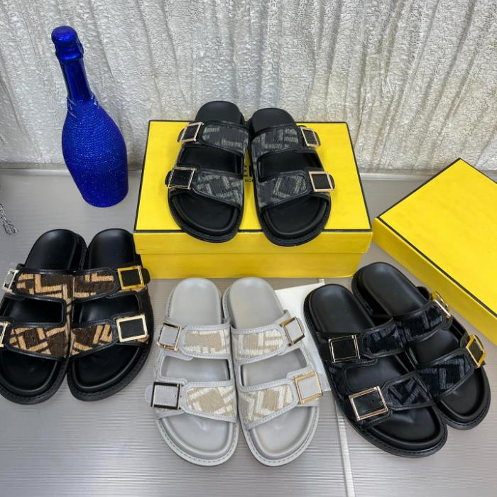

Luxury Sandals Women Men Slippers Summer Comfort Calf Leather Sandals Slides White Fabric F pattern sandals Feel Canvas Gold Buckle slippers, Color#5