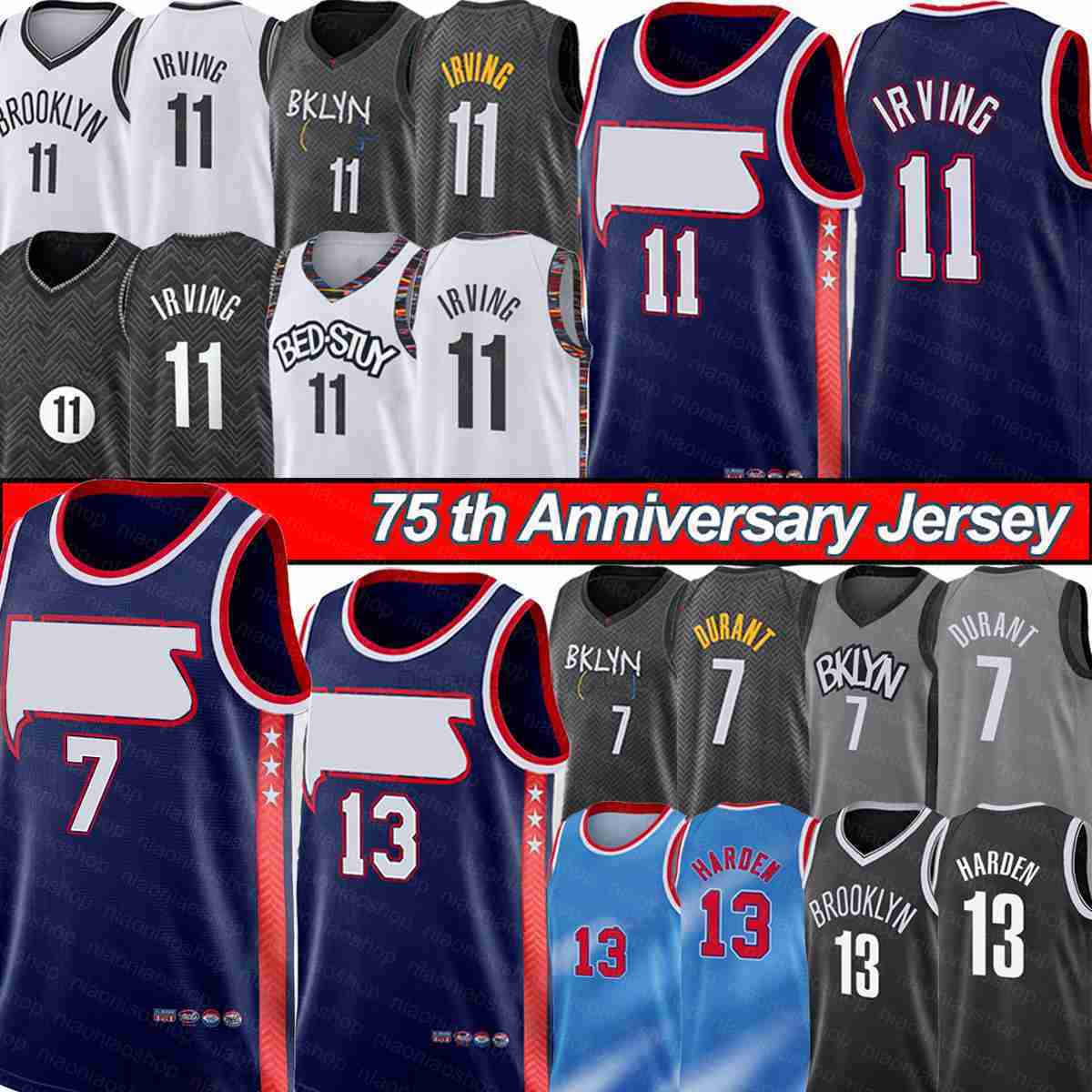

Kevin 7 Durant Basketball''nBa''Jersey Irving 11 Kyrie 13 Harden Mens T-shirt Brooklynes City 75th Anniversary Net Black Blue Uniform 2022 New Season