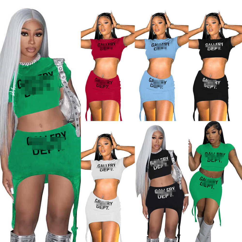 

2023 Summer Women Two Piece Dress Outfits Desinger Letter Print Round Neck Exposed Navel Short Sleeve Irregular Half Skirt Set, Black12