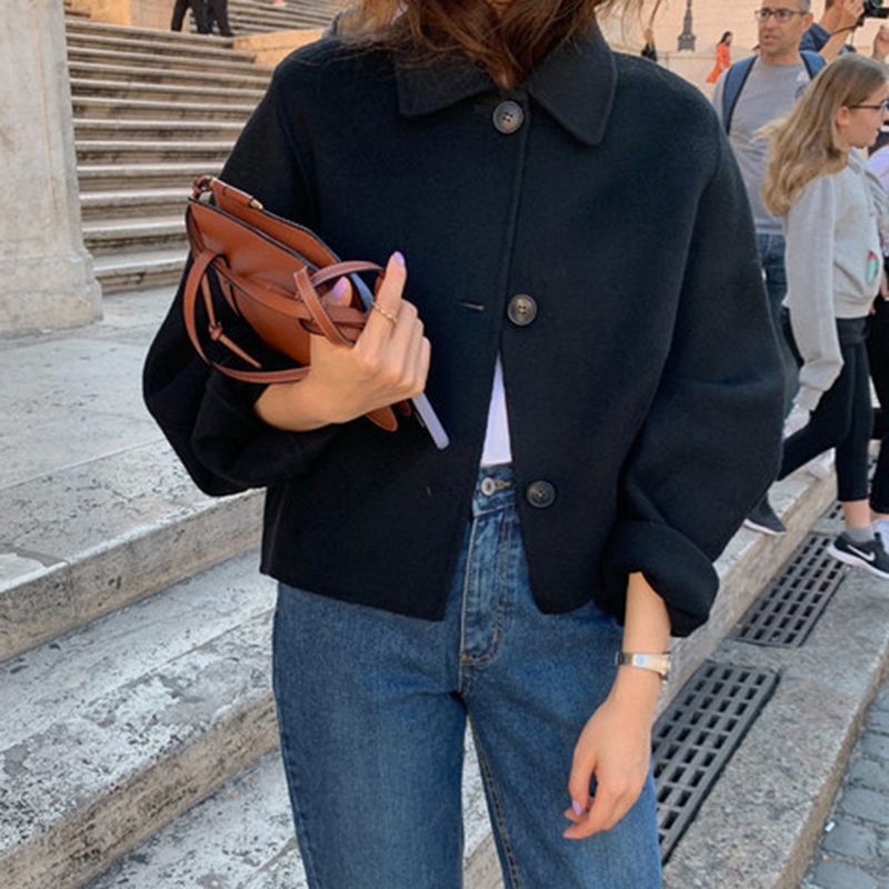 Women's Jacket's Jackets Retro Autumn Winter Wool Coat Women Loose Lapel Long Sleeve Khaki Three Button Black Jacket Casual Outwear Elegan