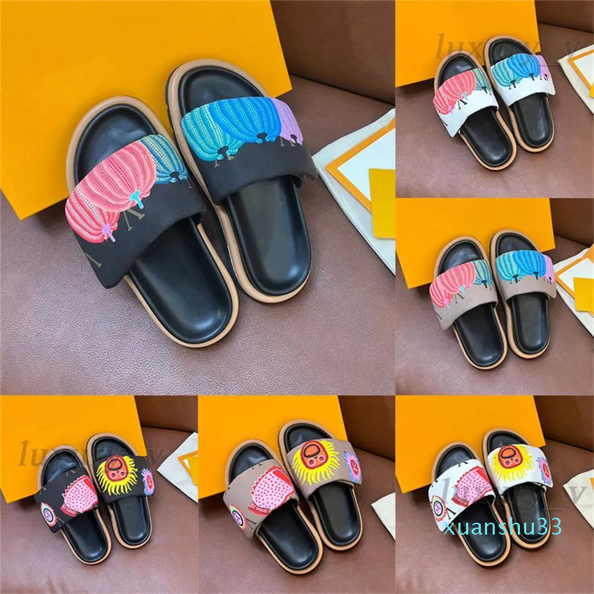 

Designer Sandals YK Pool Pillow Mules Women Sunset Flats Luxury Comfort Mules Pumpkins Print Padded Front Strap Slippers Easy-to-wear Slides, Color 1