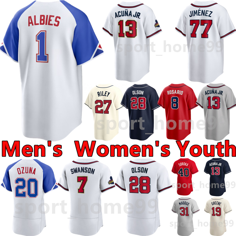 

2023 Custom 13 Ronald Acuna Jr. Jersey 27 Austin Riley 28 Matt Olson 1 Ozzie Albies 11 Orlando Arcia 23 Michael Harris II 20 Marcell Ozuna 8 Eddie Rosario Baseball Jerseys, Color 12