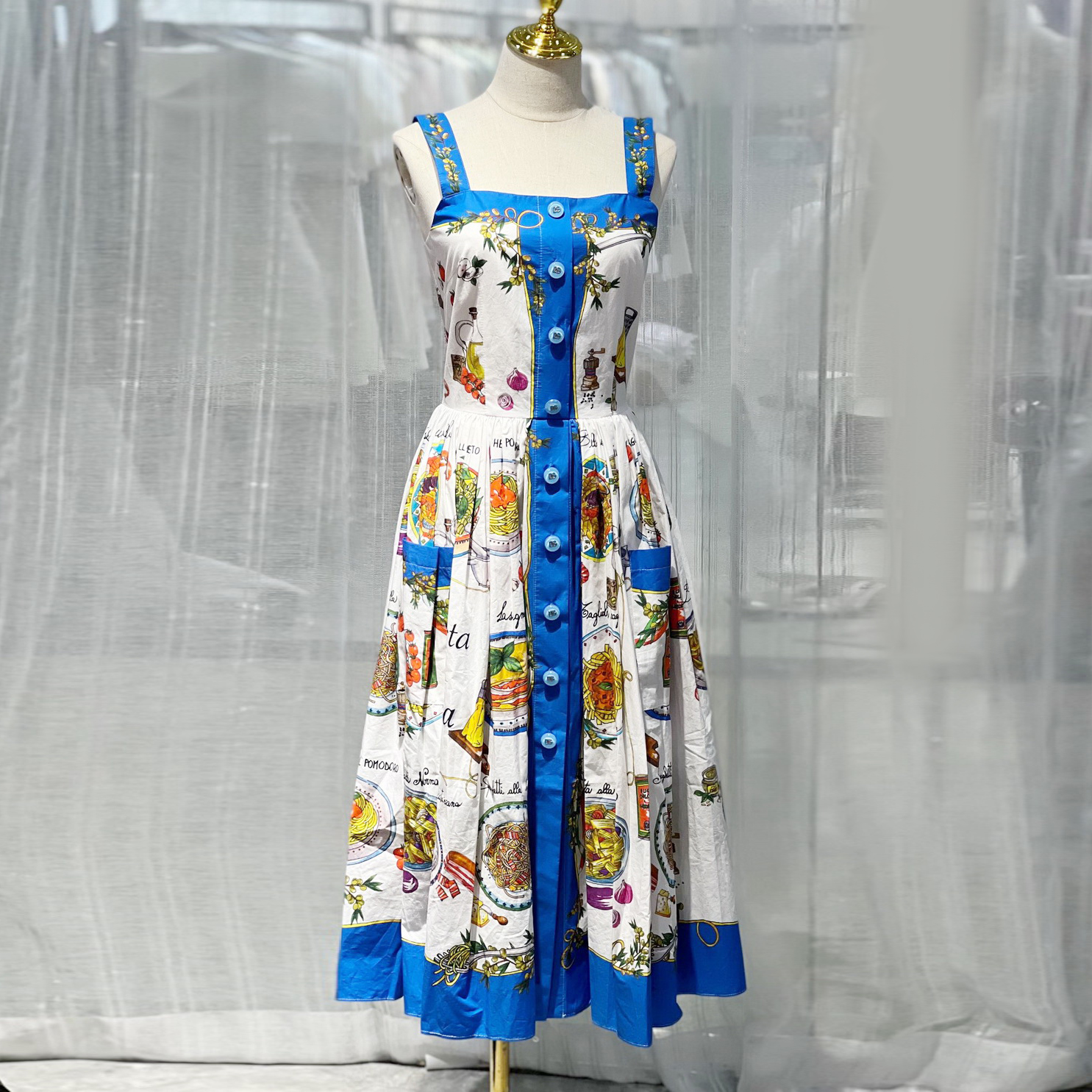 

Fancy Dress Womens Food Printed Gathered Waist Sleeveless Fit&Flare Cami Midi Dress, Blue