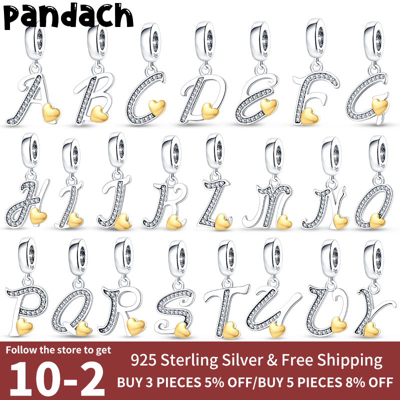 

925 silver Fit Pandora Original charms DIY Pendant women Bracelets beads Zircon Heart Pendant English 26 Letter A-Z Charm Bead