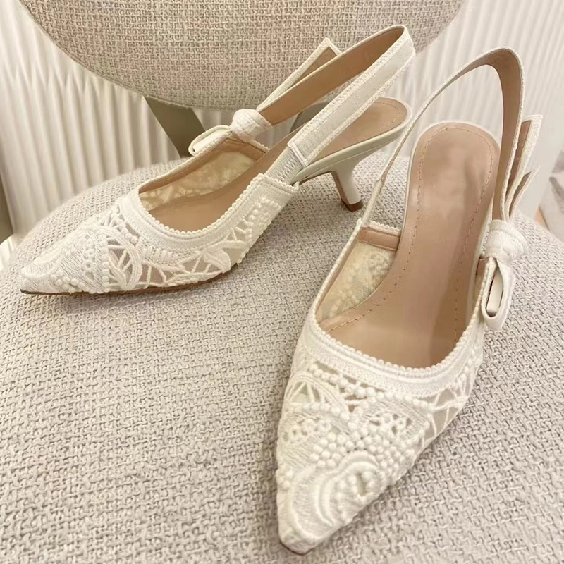 

Sandals Lace Pearl Pumps Mesh Stiletto Heel Bowknot Cat Heel Shoes Embroidered Back Empty Sandalias Mujer Verano Ladies 230406, 9.5cm heel