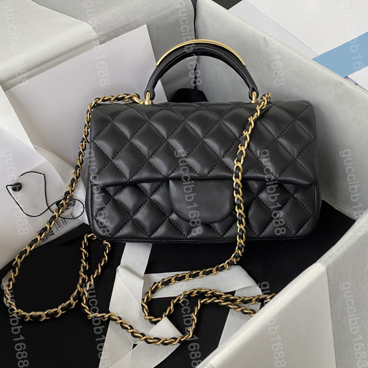 

10A Mirror Quality Designer 20cm Mini Handle Bag Womens Classic Quilted Flap Bag Real Leather Sheepskin Black Purse Handbag Crossbody Shoulder Chain Strap Box Bag, White