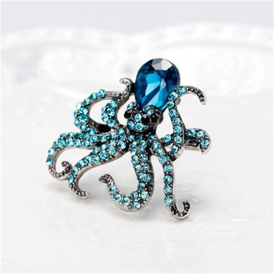 

European and American fashion octopus enamel brooch blue rhinestone octopus brooch ladies' and men's cute marine animal crystal jewelry accessories gift AB1147