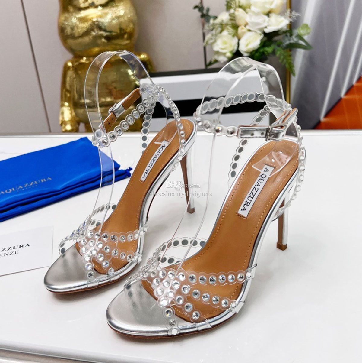 

Rhinestones Tequila 105 slides sandals heels stiletto slippers open toe cross shoes for women's luxury PVC leather outsole evening shoe 10cm factory footwear, Red