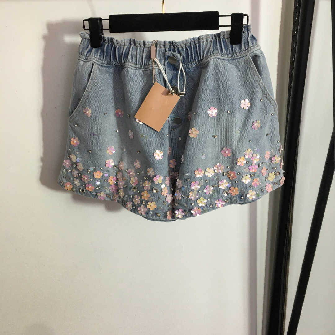 

23ss Denim shorts womens designer clothing Sequin Studded Beaded Flower Studded Drill Elastic Waist Denim Shorts High quality women clothes