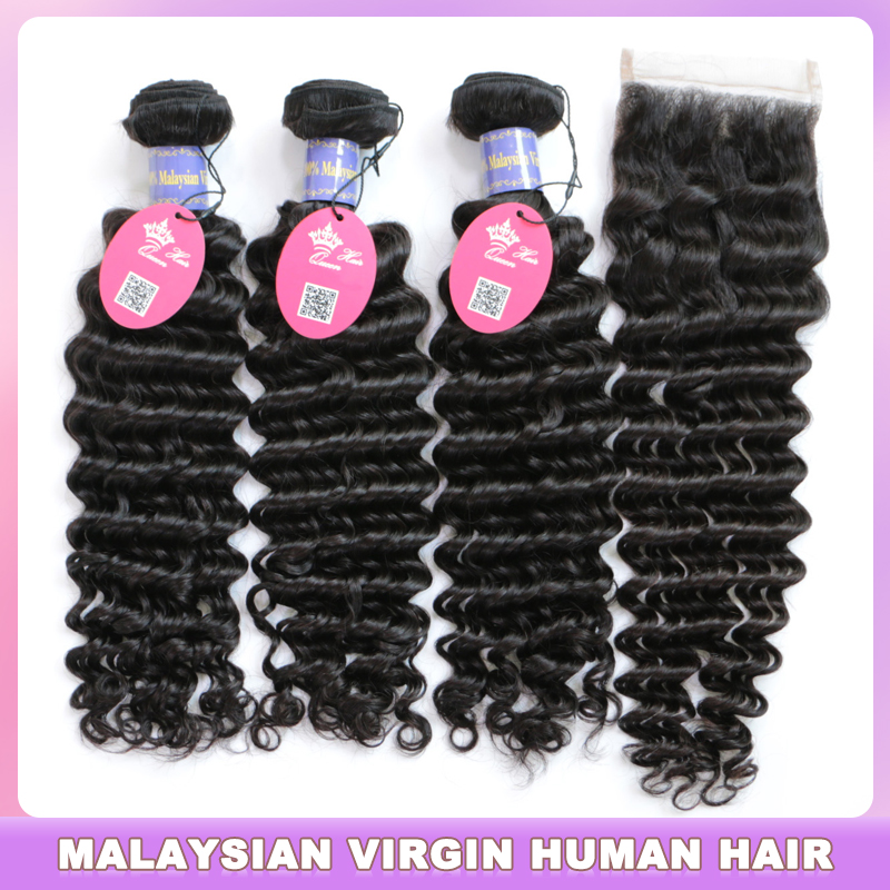 

Deep Wave Human Hair Bundles With Closure Malaysian Hair Weave Bundles With Lace Closure Virgin Raw Hair Extensions Queen Hair Official Store, Natural color