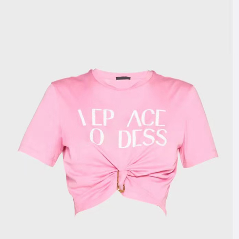 

2023 Designers T-shirts Women Tees Apparel Casual Chest New Colorful Embroidery Pin Letter Tucked Waist Short Sleeve T-shirt Tops Luxurys Fashion vercace top pink S, 22