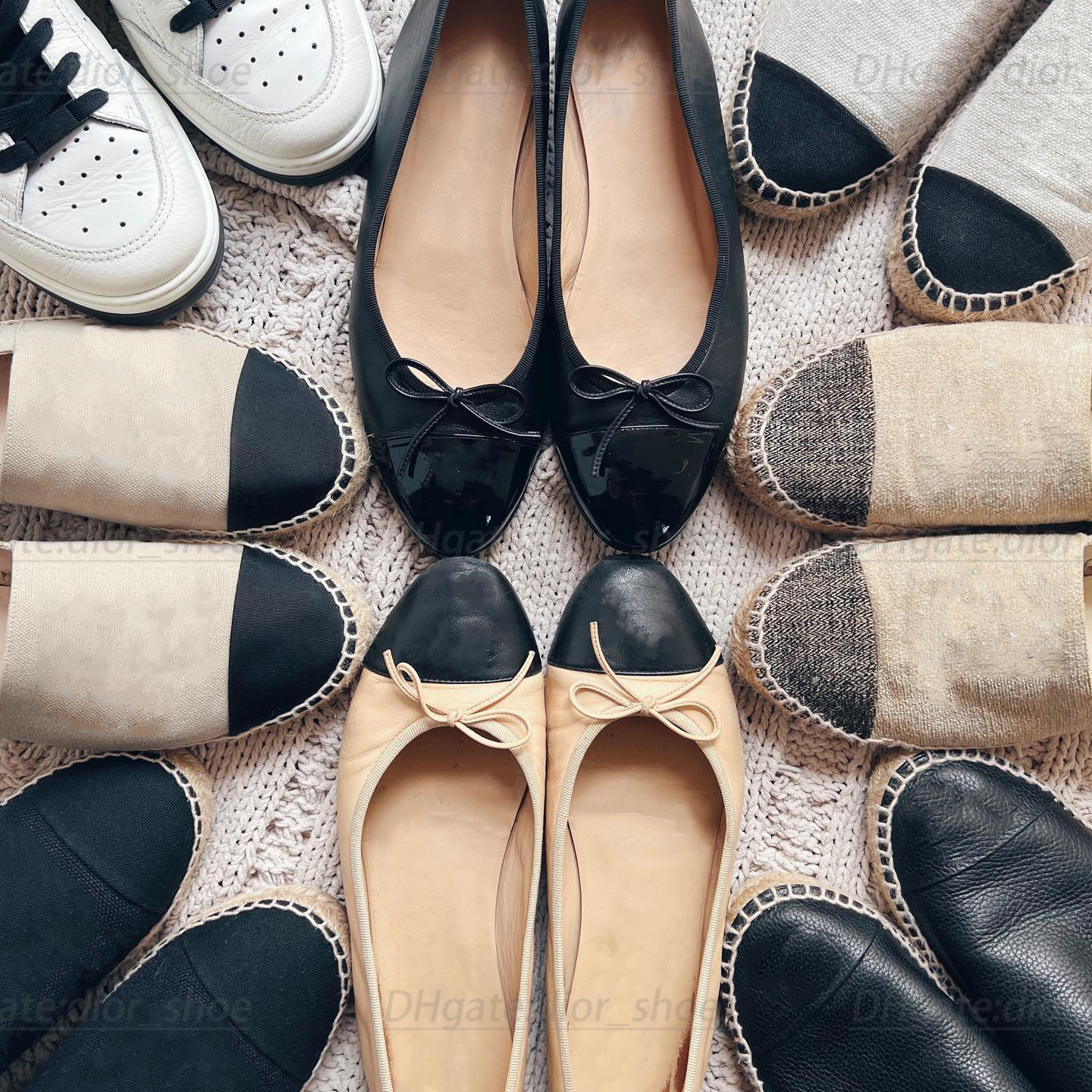 

luxury designer sexy Cotton tweed ballerinas leather ballet shoe lambskin Round Toe soft sole bow tie Casual lady Loafer shinny bling black, #9