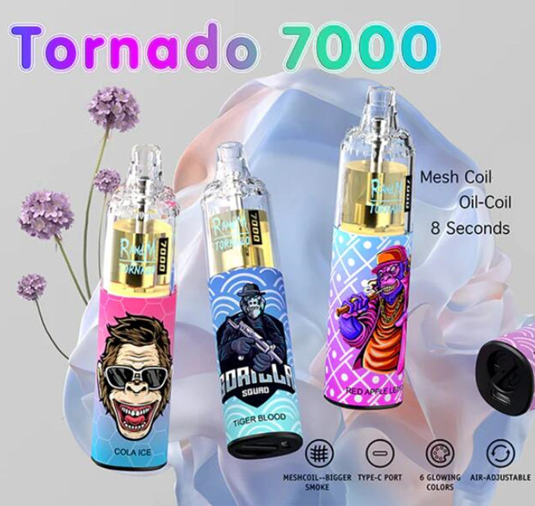 

Authentic RandM Tornado 7000 Puffs Disposable E cigarettes Pod Device Powerful Battery 14ml Prefilled Cartridge Mesh Coil RGB light Vape Pen Kits