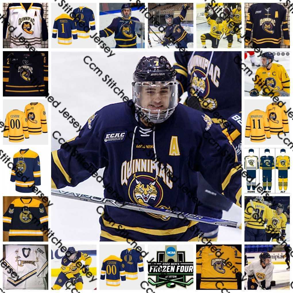 

2022 NCAA Frozen Four Custom QU Quinnipiac Bobcats Hockey Jersey 1 Yaniv Perets 2 Iivari Rasanen 3 Jack Babbage 4 Michael Lombardi 5 C. J. McGee 6 Griffin Mendel Jerseys, Gold