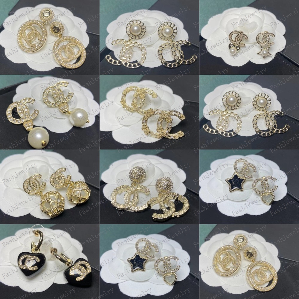 

Designers Brand 18K Gold pearl drop Double Letters Stud Clip Chain Geometric Famous Women 925 Silver Crystal Rhinestone Earring Wedding Party Jewerlry