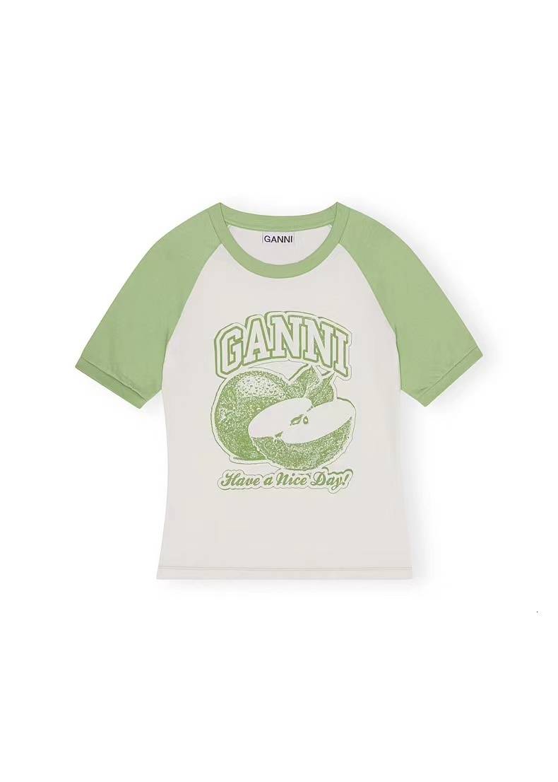 

TShirt 2023 GANNI Fruit Print Womens Tshirt Polo Shirt Ladies Cute Girl Home Outdoor Comfortable Allmatch Short Sleeves WSBR