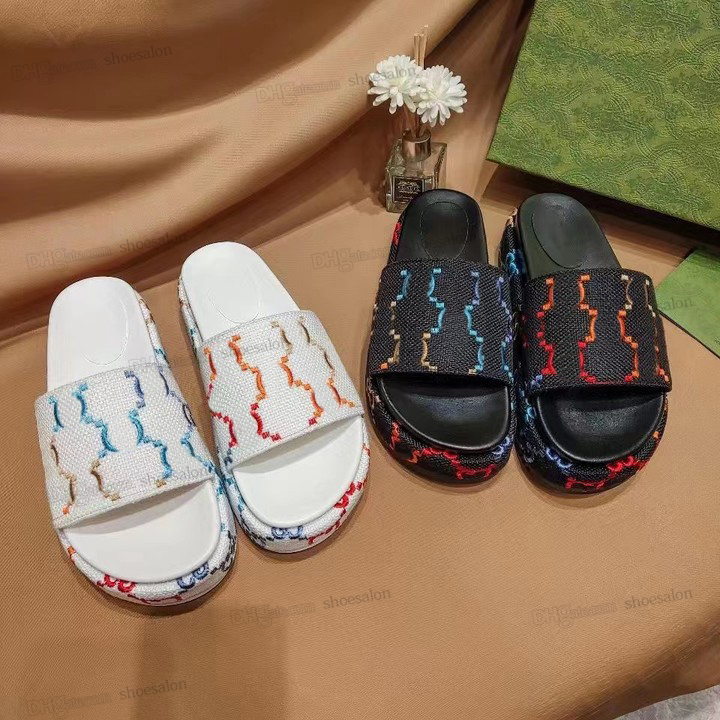 

2023 Designer Women Platform Slippers Slide Sandal Slipper Thick Bottoms Lady Flip Flops Embroidery Wedges Printed Luxury Guccie Canvas Summer Beach Shoe, 22