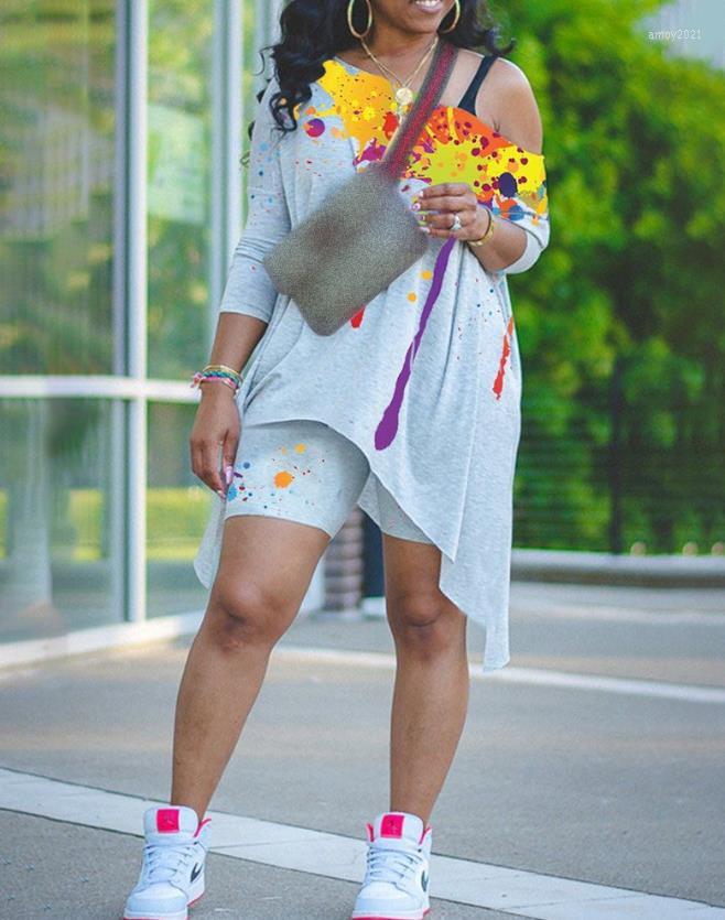 

Women' Tracksuits Splash Ink Print Colorblock Long Sleeve Top & Shorts Set 2023 Summer Fashion Female Suit