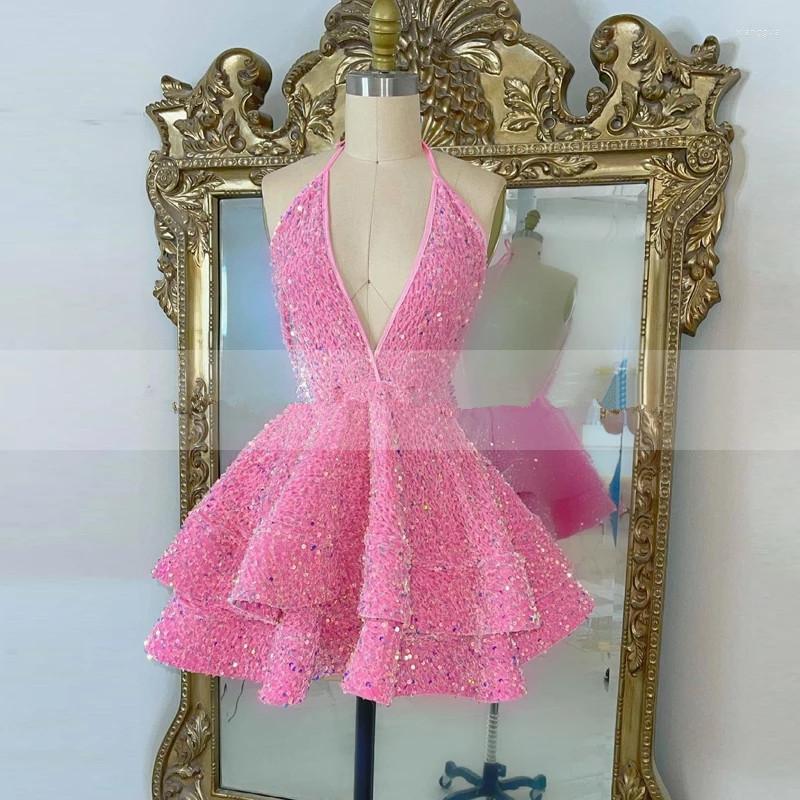 

Party Dresses Sexy Pink Black Sequisn Short Prom 2023 Mini Halter Neck Backless African Girl Graduation Dress, Yellow