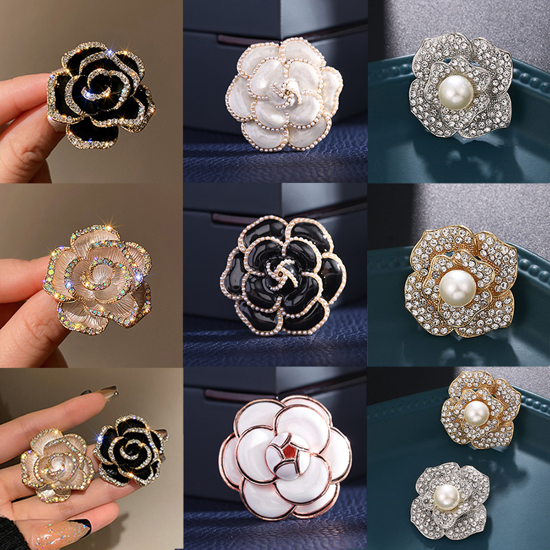 

Rhinestone Pearl Camellia Brooch Fashion Luxury Flower Pin Winter Jewelry Sweater Dress Wedding Party Women Gifts Accessories