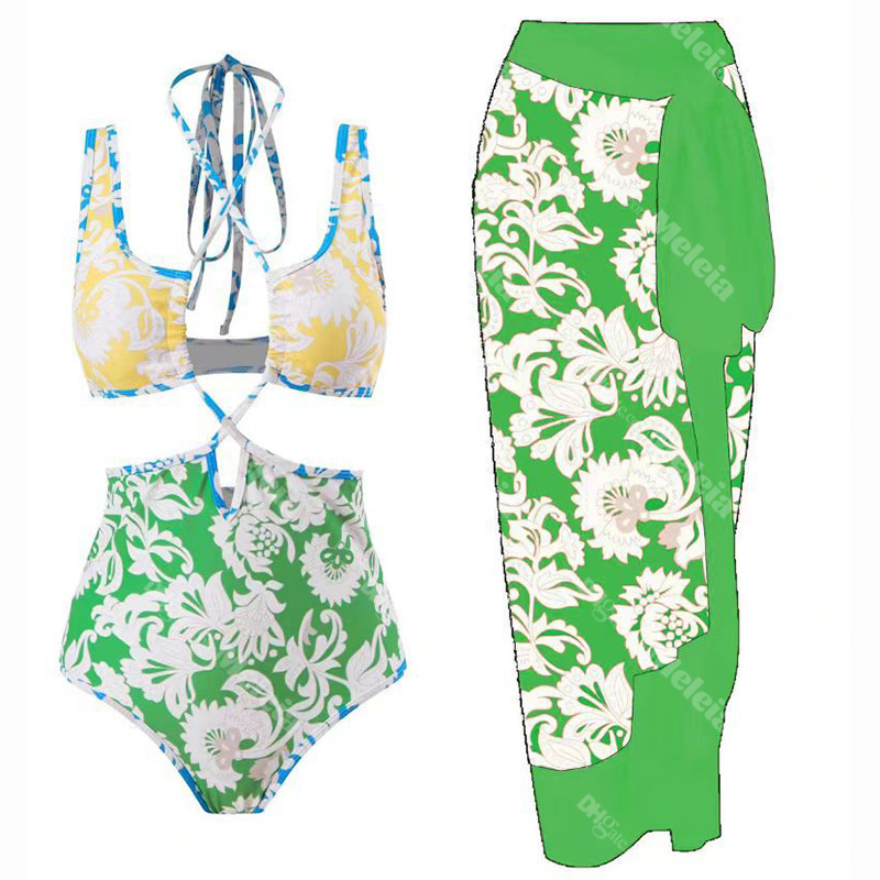 

Women Patchwork Bikini Swimwear Summer Beach Clothes Fashion Printed One Piece Swimsuit Sexy Swimming Suit for Lady, Green