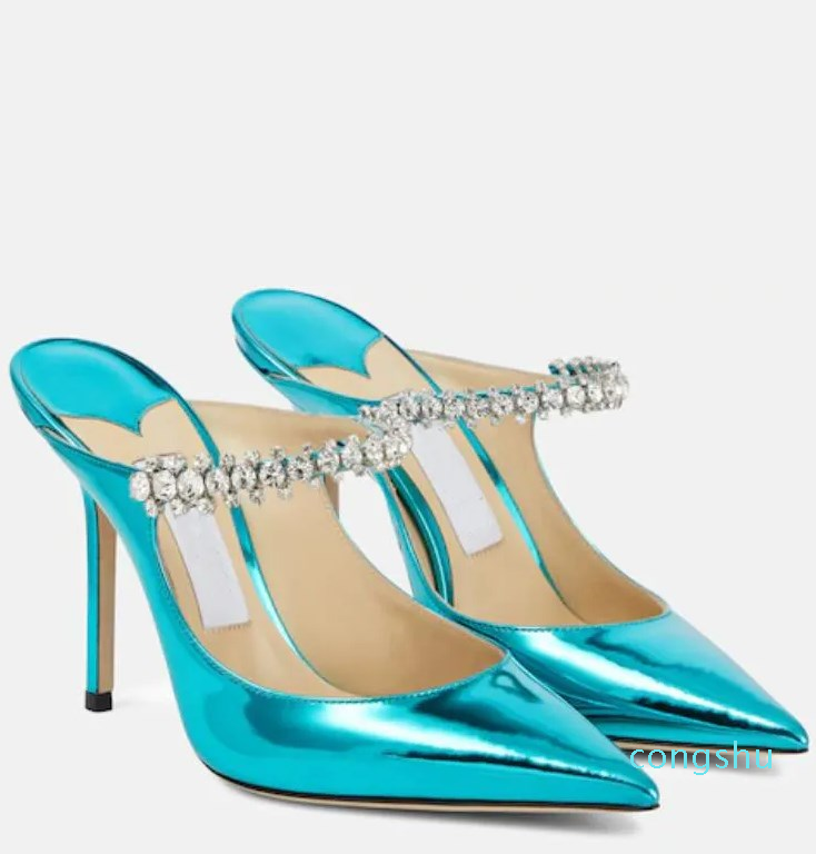 

Designer Women sandal high heels bing 100mm slide mules sandal slipper crystal embellished pointed-toe stilettos heels strass strap thin sandals box, 16