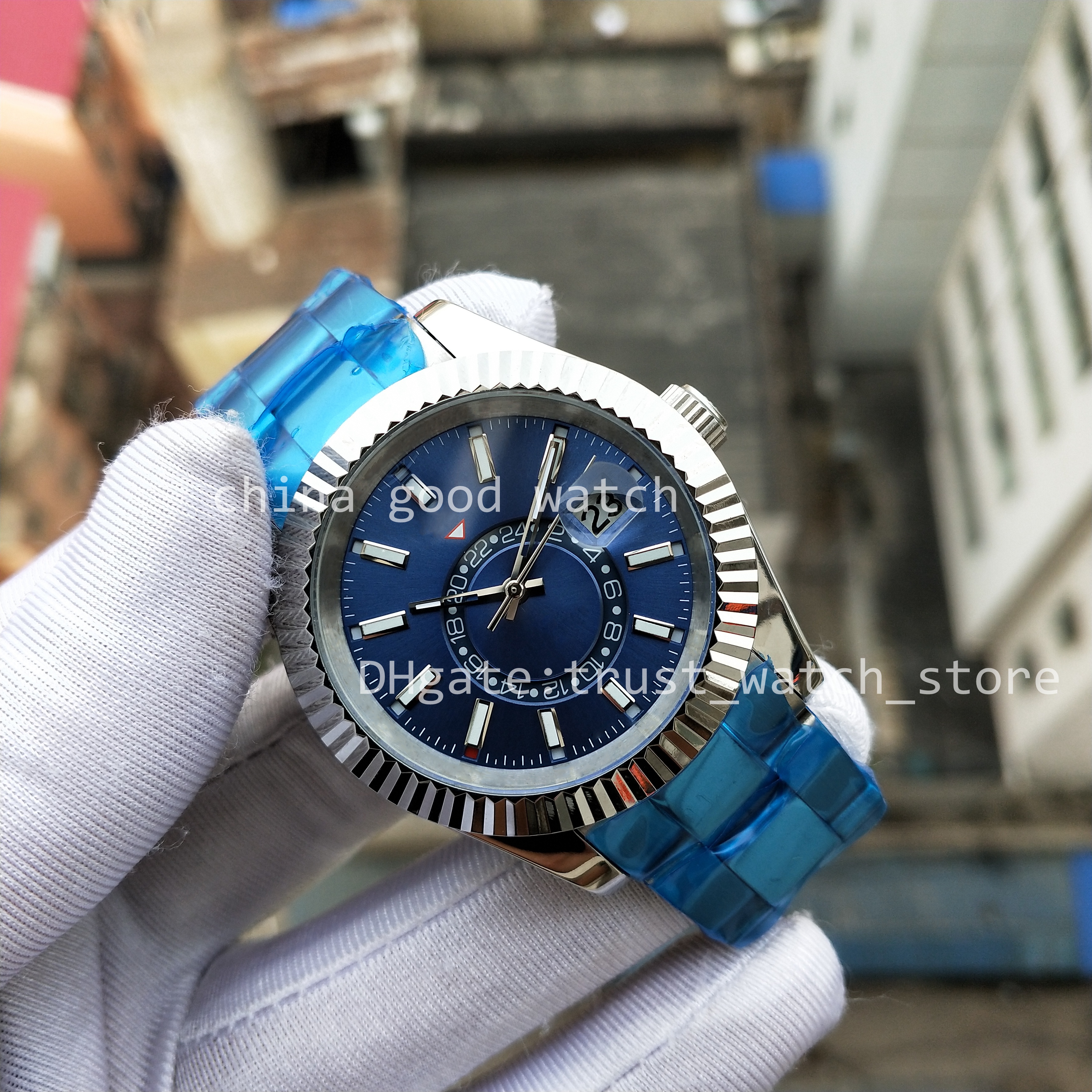 

Menes of Watch Factory 42mm Automatic Movement Blue Dial Date Men Stainless Steel New Strap Sapphire Waterproof Luminous Wristpatches Original Box