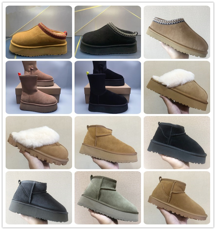 Bottes d'hiver classiques ultra mini pour femme, bottes de neige, plate-forme de cheville, fourrure courte, peau de mouton, Tasman Tazz, marron,