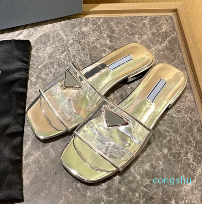 

Clear PVC Logo Slippers Slides Sandals heeled Flat heels open-toe shoes women's leather outsole Casual shoes 1.5cm factory footw, Blue