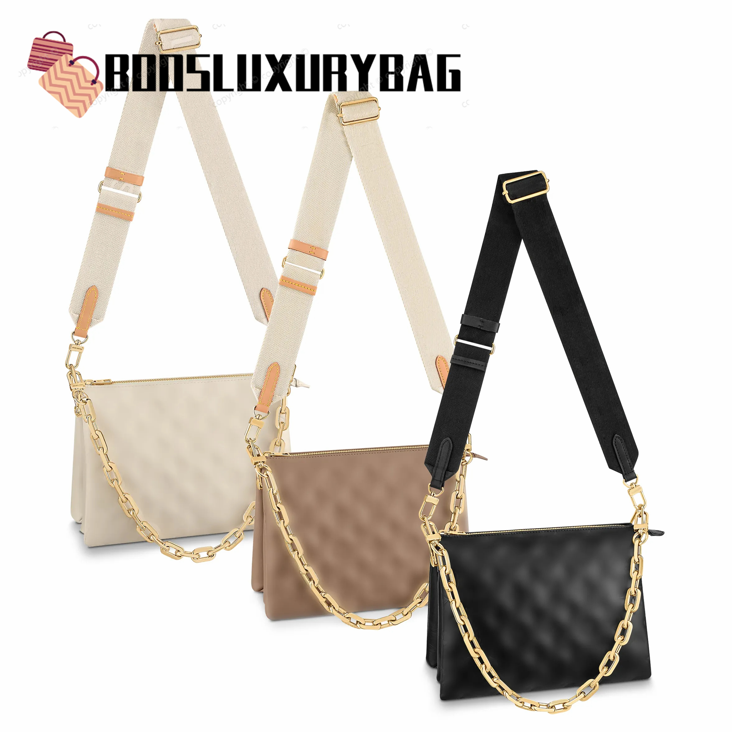 

M57790 COUSSIN Genuine leather crossbody Bags Luxury Women's mens Designer purses tote Messenger wallets square handbags Embossed two shoulder straps Chain Bag, Black