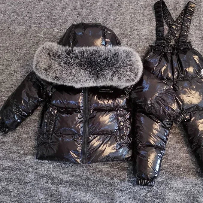 Clothing Sets Winter Kids Boutique Clothing 2 Pieces Sets Down Jacket Suspender Trousers Big Fur Collar Warm Soft Unisex Ski Suit 231108