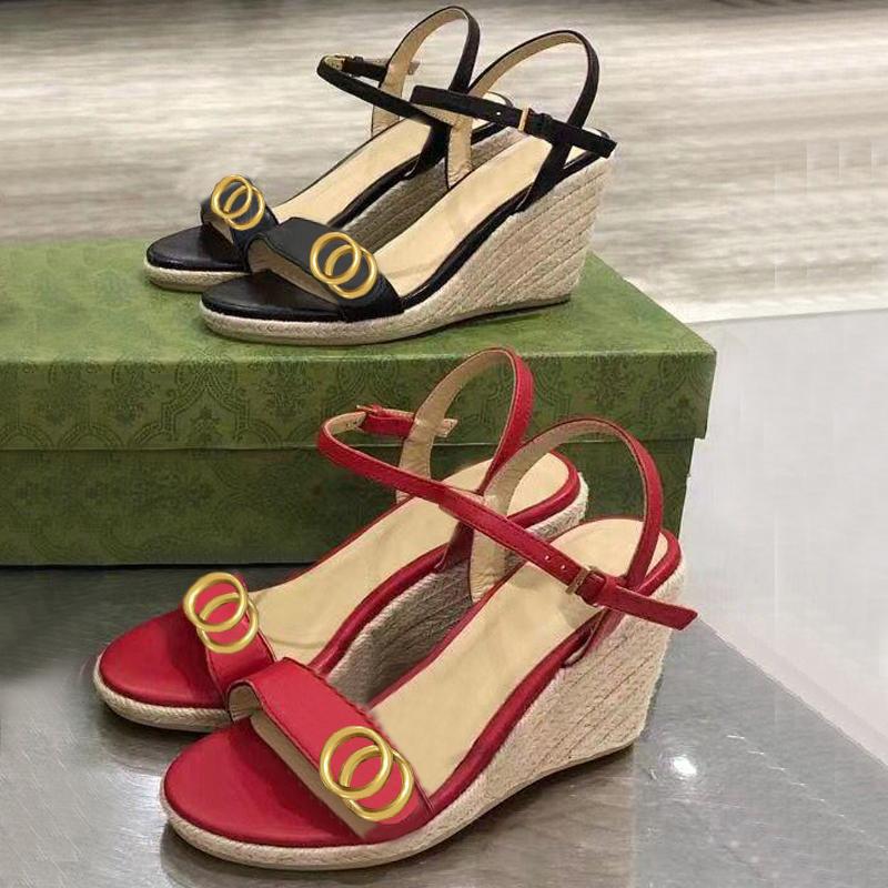 

2021 Summer Beach High heels fashion Casual Sandals 100% leather Wedges Belt buckle Women Shoes lady Metal cowhide letter Work shoe Large size 35-41-42 us4-us4-us10-us11, Extra shoebox