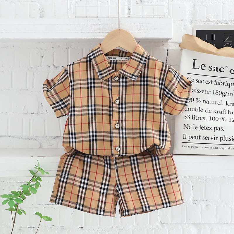 

Summer Boys Clothing Sets Cartoon Fashion Plaid Shirt shorts Clothes for Kids Girls Beach Holiday Style Baby Sport Suits, Khaki