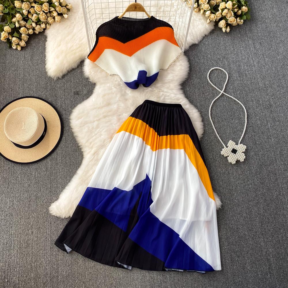 

Vintage Blue Striped Two Piece Dress Women Sexy V-Neck Ruffle Short Tops High Waist Split Wide Leg Pants Female Suit New 2023, Same as picture