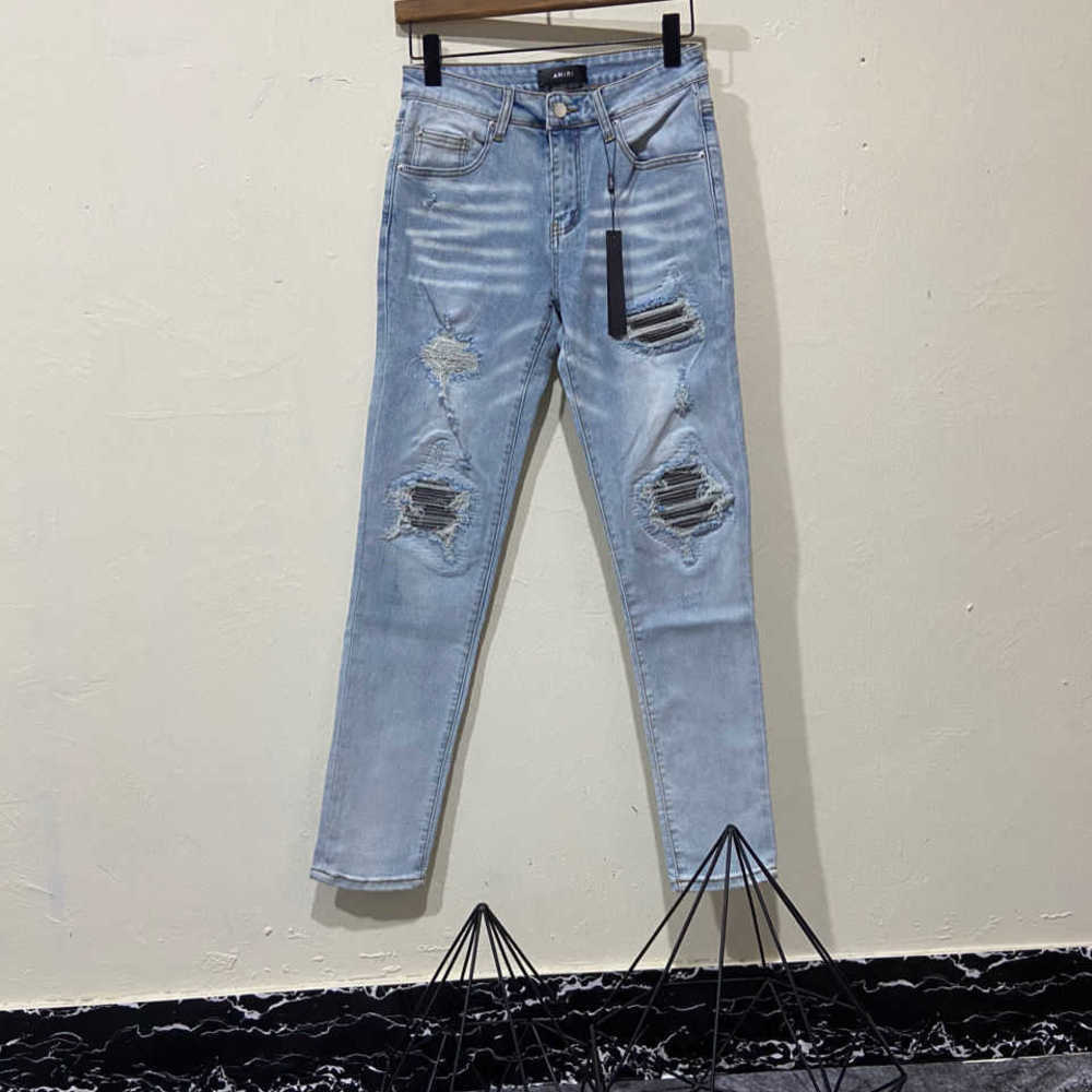 

Pants Ripped Hole Fashion amirly Cool Stylish Leisure Men's Brand Light Color Jeans Patch Elastic Designer High Street Trend Women's Slim Long L8O2, Light blue