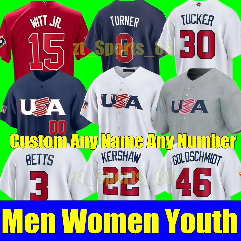 

2023 Custom S-4XL USA Team Baseball Jerseys Mike Trout Bobby Witt Jr. Nolan Arenado Nestor Cortes Clayton Kershaw Realmuto Betts Tucker Alonso Anderson Men Women Youth, Women s-xxl