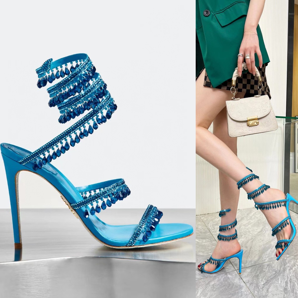 

Rene Caovilla Sandals Designer woman 10cm stiletto High heel Sandals Crystal Karung Open toe Snakelike Jeweled Sandals women Top quality Size35-42, Color3