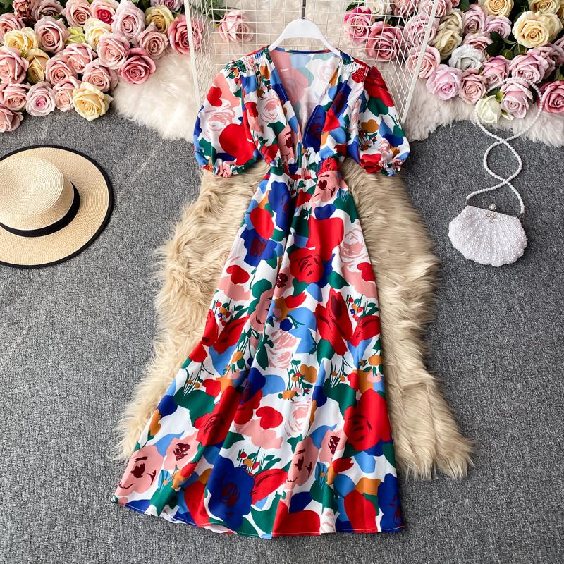

Casual Dresses Summer Bohemian Printed Dress Women Sexy V-Neck Puff Short Sleeve High Waist A-Line Slim Vestido Female Midi Robe, Picture color