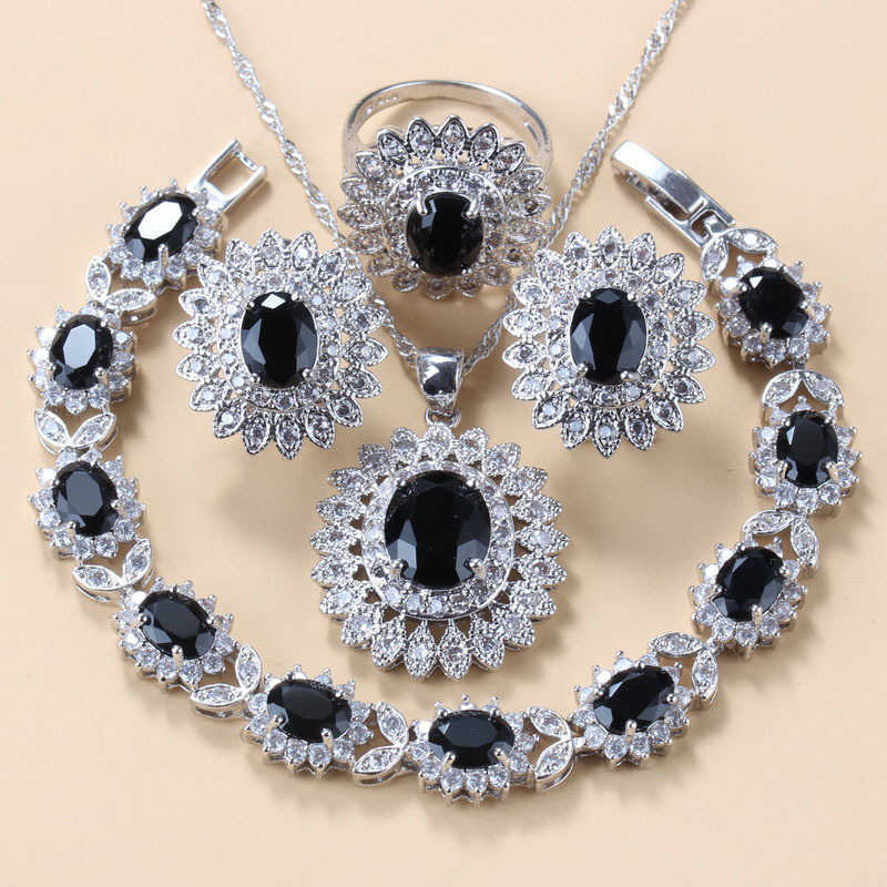 African High Quality Gold-Color silver Sunflower Jewelry Set For Women Black Zircon Necklace And Clip Earrings Charm Bracelet Sets HKD231108-image-734690982