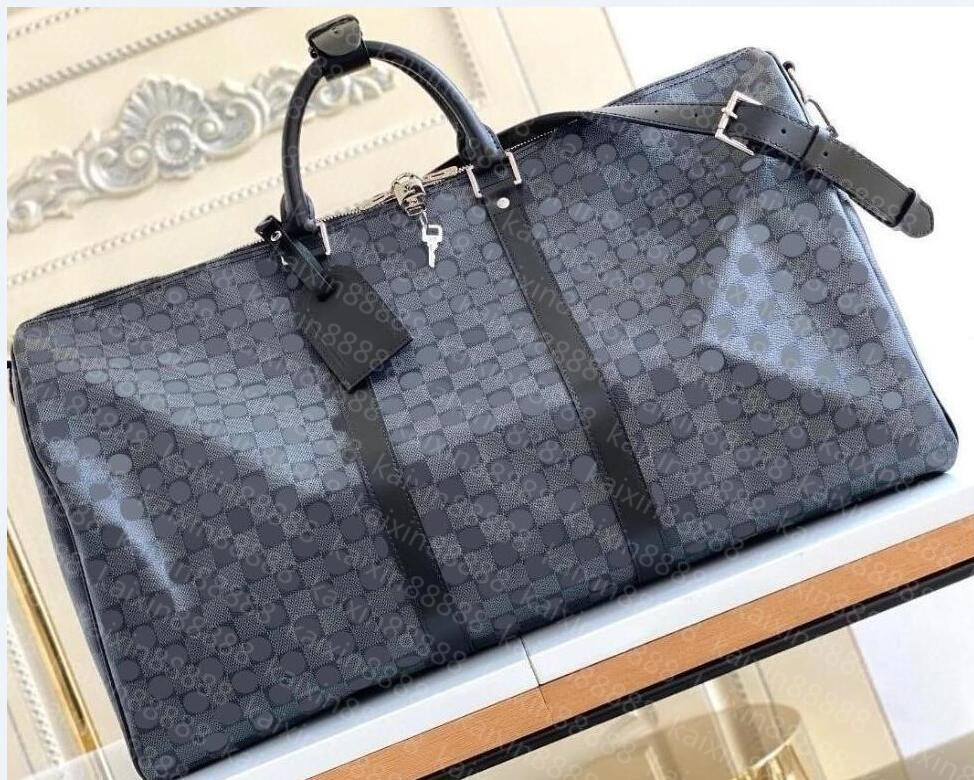 

55Cm 50CM Classical fashion Bags Men traveling Bag genuine leather Trim luggage duffel bag With Lock Canvas handbag Free, Black plaid