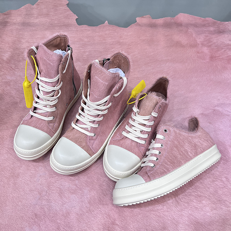 

Round Owens Black Horse Fur Hair Casual Shoes Men 2023 New Low Top Pink Genuine Leather Lace Up Thick Sole Women Luxury Designer Sneakers High Quality Wholesale, Pink low top