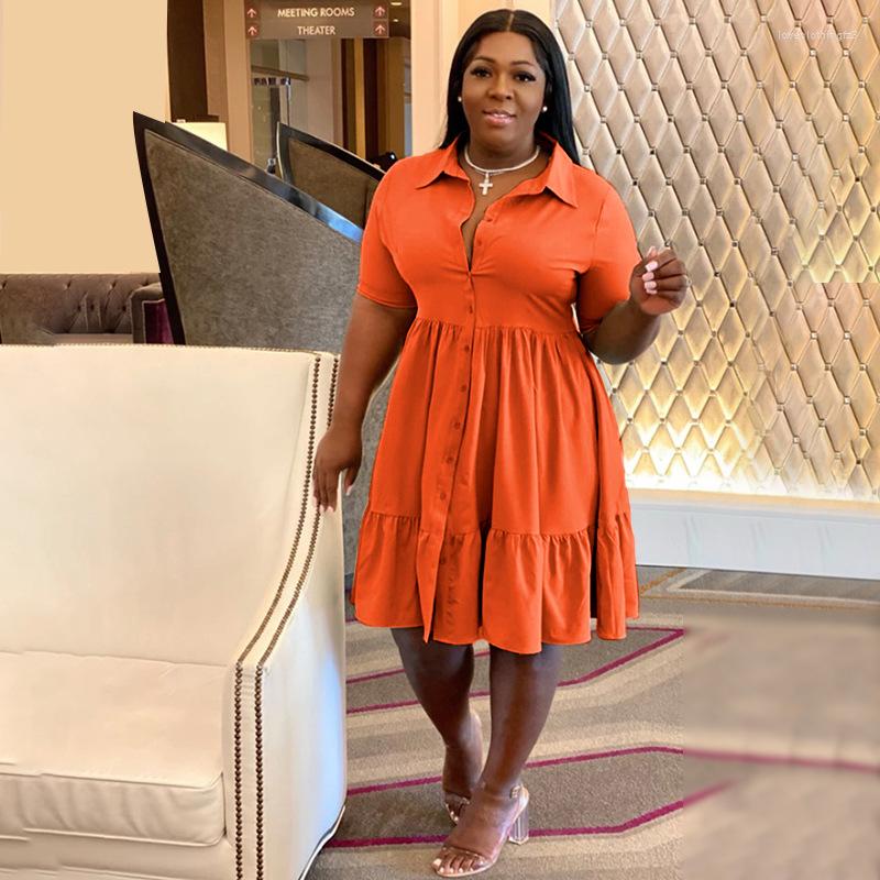 

Plus Size Dresses CM. Women Short Sleeve Single Breasted Ruffles Hem Big Swing Smock Shirt Dress 2023 Summer Elegant Orange