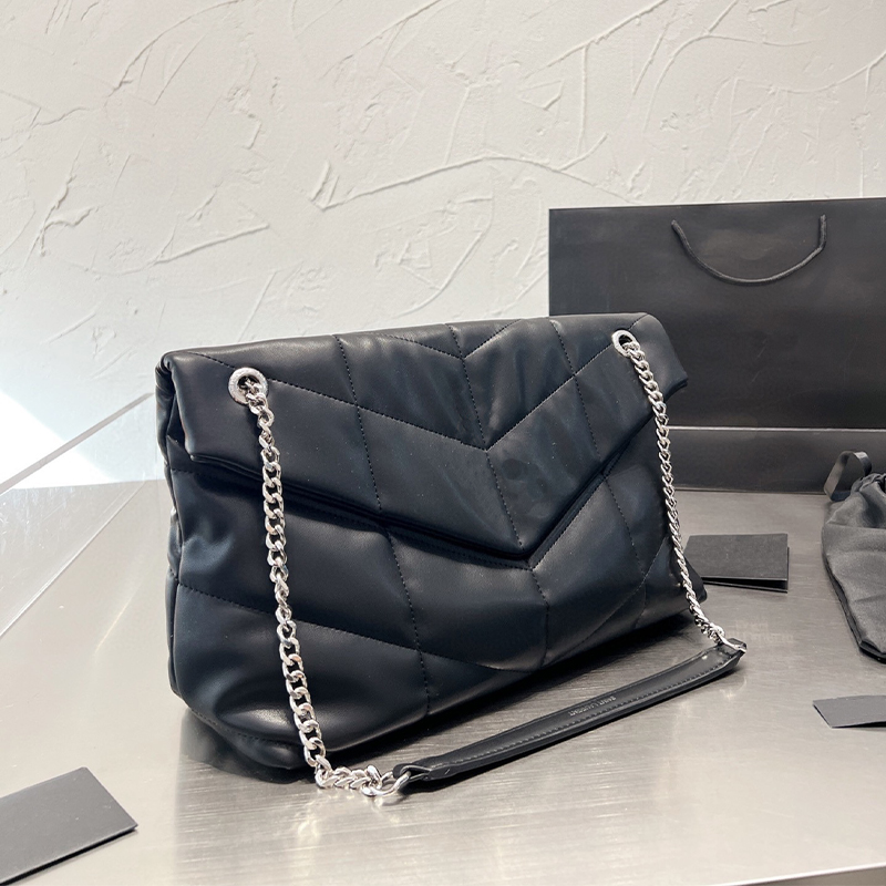 

2023 Luxury handbag shoulder bag wallet cloud bag brand LOULOU Y-shaped designer seam leather women's metal chain black clamshell messenger chain box wholesale, Black-black